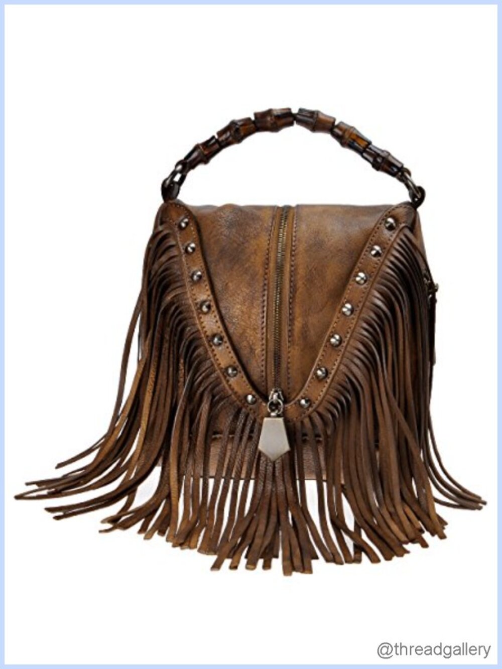 Leather Fringe Crossbody Bag Boho Bamboo Handle Studded Handbag